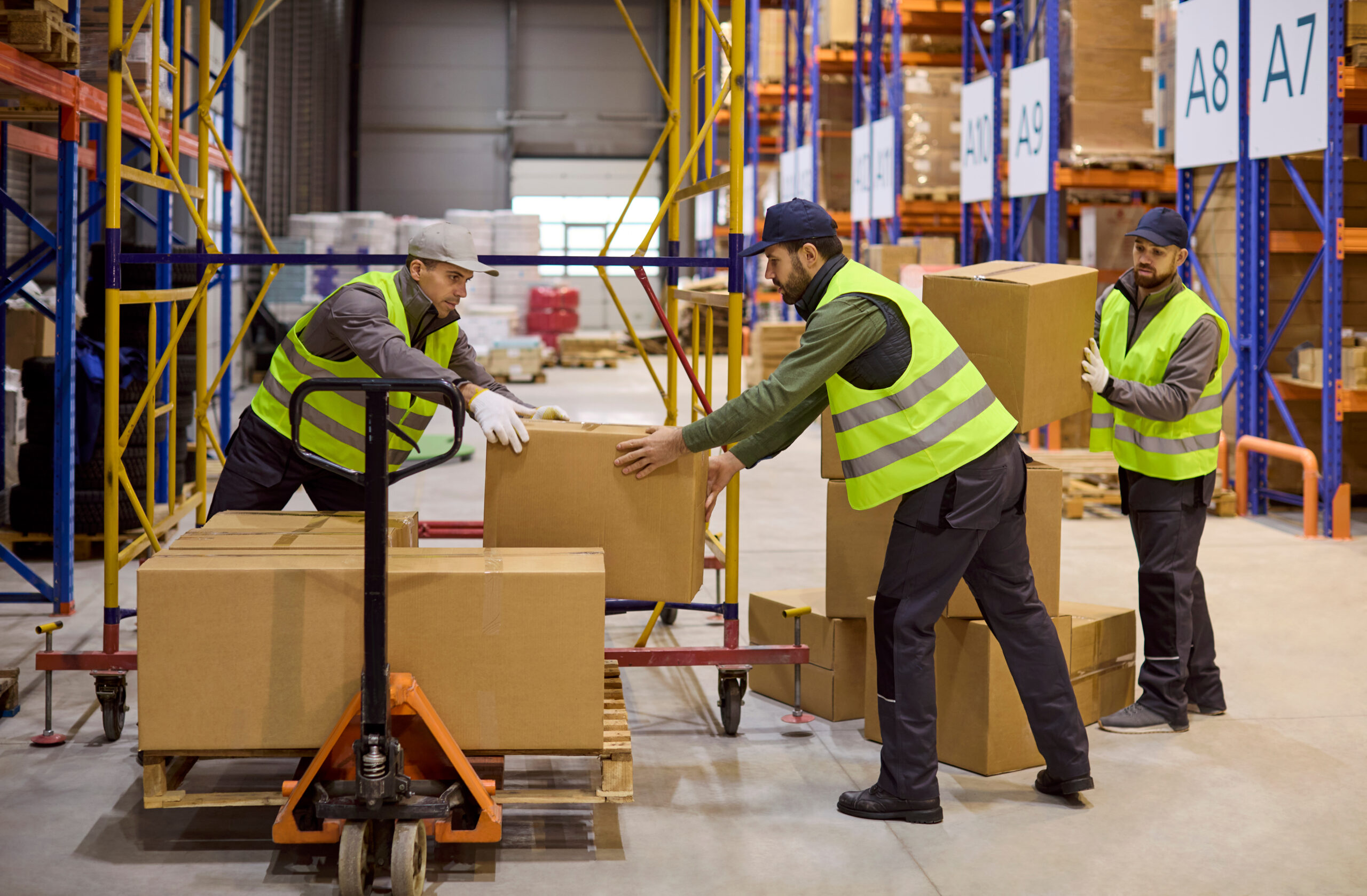 Warehouse workers loading cardboard boxes onto pallet in distribution center